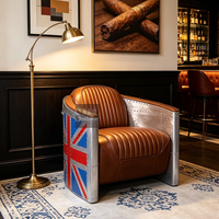 Fauteuil baril vintage industriel style aviateur avec motif Union Jack britannique, fauteuil d'appoint en cuir véritable pour bar, maison, salon