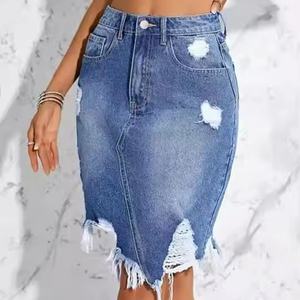 Jupe en jean délavée à l'acide 100 % coton pour femme, nouvelle collection, style déchiré avec franges, vente en gros - Product Image 2