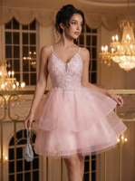 Robe de bal à sequins pour femme, robe de soirée en tulle sans manches, col en V personnalisé, appliques en dentelle, robe de soirée de luxe 2026