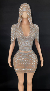 Deux pièces Bling strass vêtements de fête pour les femmes Sexy haut court Mini <span class=keywords><strong>jupe</strong></span> chute de taille cristal correspondant casquette incluse - Product Image 2