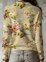 Pull en tricot à imprimé floral vintage pour femme, col rond, manches longues, pull à fleurs, beige, tricot