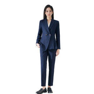 Women's Suit Set Elegant Navy Blue Wool Blend Anti-Wrinkle Professional Office Wear - Product Image 5