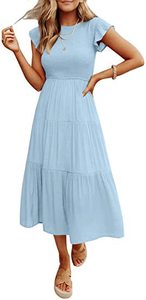 Vestido Boho <span class=keywords><strong>de</strong></span> Cintura Alta con Volantes <span class=keywords><strong>para</strong></span> Mujer, Vestido Midi Fluido con Cuello Redondo <span class=keywords><strong>para</strong></span> Verano, Vestido <span class=keywords><strong>de</strong></span> Playa <span class=keywords><strong>para</strong></span> Vacaciones, Vestido <span class=keywords><strong>de</strong></span> Verano con Mangas con Volantes, Elegante, Blanco - Product Image 6