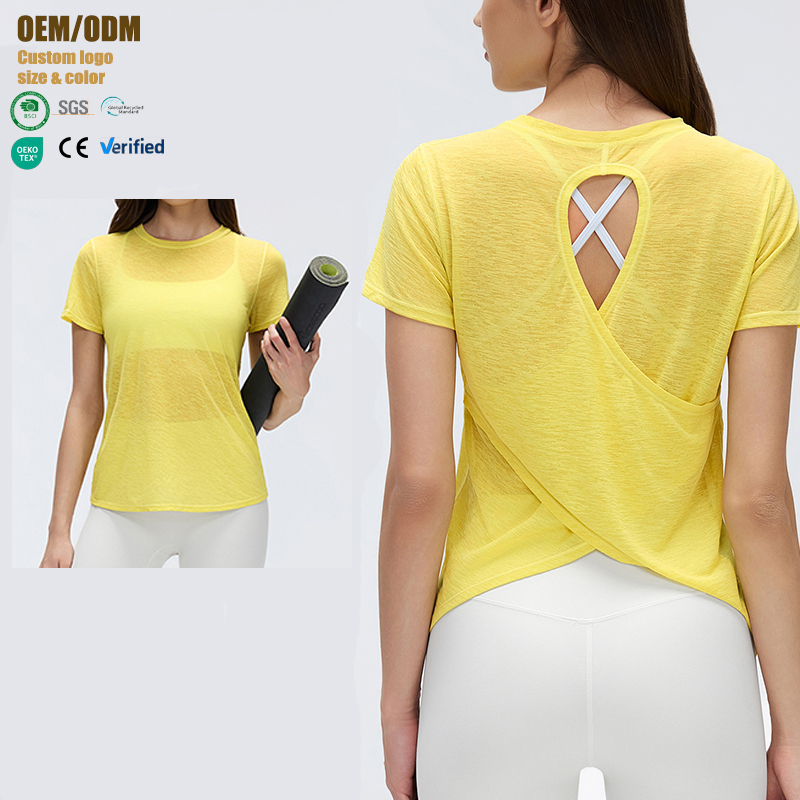 Women's Quick Dry Yoga Cover-Up Loose Fit Crew Neck Short Sleeve Top with Cut-Out Back Breathable Gym Tunic Yoga Top