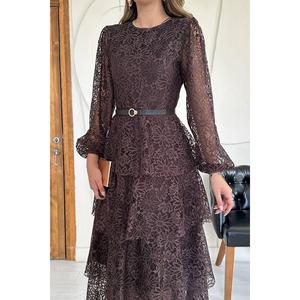 ชุดราตรีสีน้ำตาลทรงเอไลน์ ผ้าลูกไม้ คอโอ ซ้อนชั้นโปร่งบาง ผ้าชีฟองวินเทจ เอวธรรมชาติ แขนยาว - Product Image 1