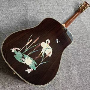 Guitare acoustique 4/4 entièrement solide avec incrustation Lotus, touche Grue Mythique, 20 frettes, sans égaliseur, finition brillante, 6 cordes en acier - Product Image 6