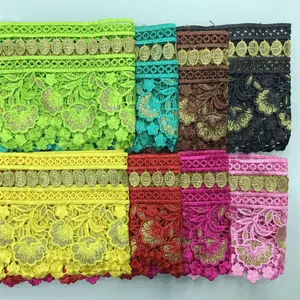 Solúvel Em água Flor Larga Rendas Moda Ouro Bordado Floral Lace Guarnição Tecido Para Costura Cortina Acessório Vestuário