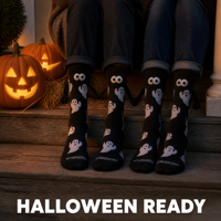 Chaussettes de couple pour adultes à motif fantôme d'Halloween avec yeux en peluche 3D, logo personnalisé, écologiques et respirantes