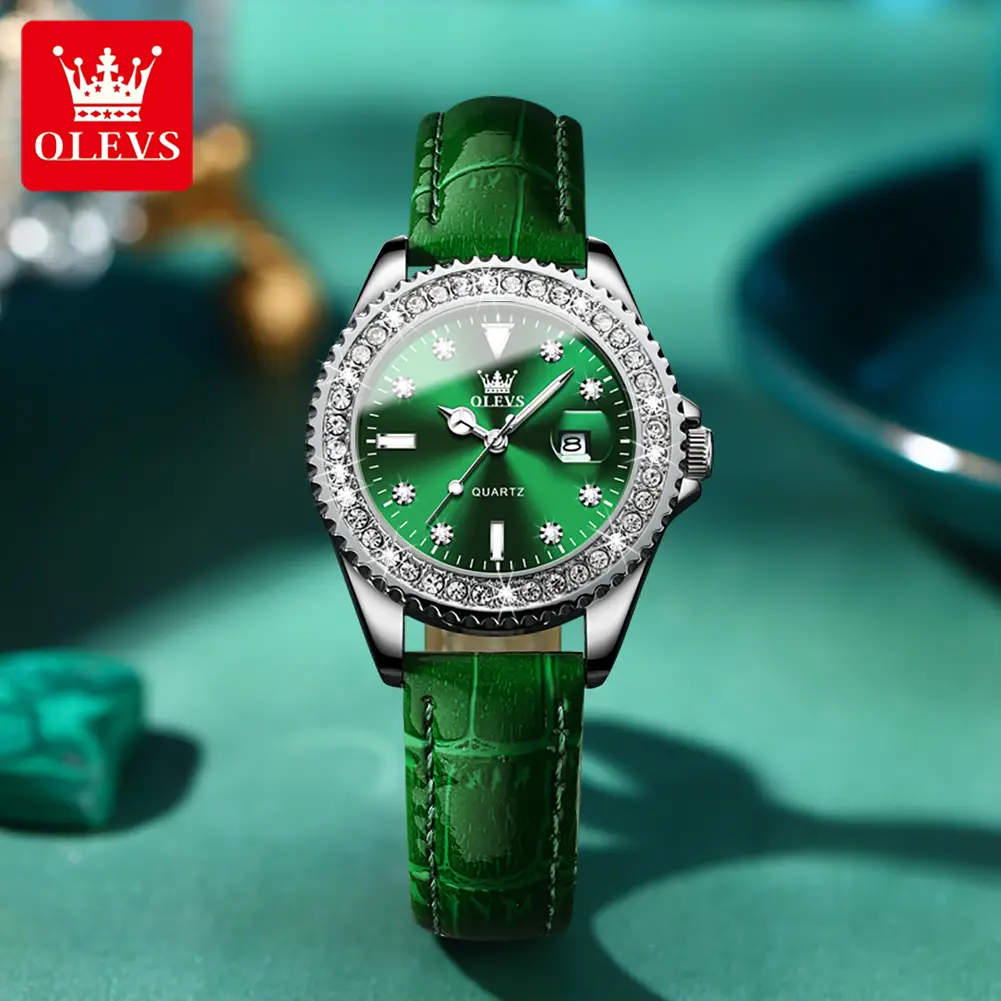 Olevs 9945 Hot Selling Minimalistische Lady Polshorloge Dunne Zwarte Lederen Green Dial Quartz Vrouwen Horloges