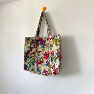 Handmade <b>White</b> Floral Quilted Cotton Tote <b>Bag</b> with <b>Hand</b> Block print Bohemian Style Open Casual Shopping Tote <b>Bag</b> for Women - Product Image 1