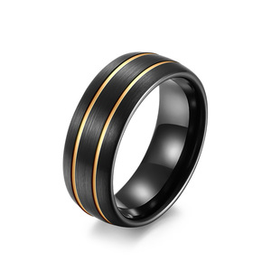 Anillo de Acero de Tungsteno de 8mm con Doble Ranura, Acabado Mate Negro Cepillado, Elegante, para Hombre, Bicolor, Resistente a Arañazos, con Índice Chapado en Oro - Product Image 1