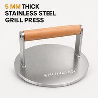 Presse à smash burger professionnelle en acier inoxydable avec manche en bois, résistante à la chaleur, pour plancha et cuisinière à gaz