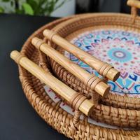 Panier à fruits rond en rotin vietnamien tressé avec deux poignées, motif imprimé, style japonais minimaliste, pour collations, pain et pains vapeur