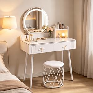 Modern Makeup <b>Vanity</b> With Lighted <b>Mirror</b> Storage Drawers Bedroom <b>Dressing</b> <b>Table</b> With Stool - Product Image 3