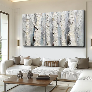 Textura abedul árbol pared arte bosque paisaje pintura al óleo sobre lienzo Horizontal blanco gris pintado a mano - Product Image 2