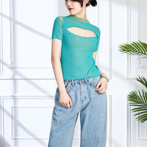 Camiseta de punto con cuello redondo recortado sexy, camiseta lisa, camiseta de manga corta hueca para mujer - Product Image 3