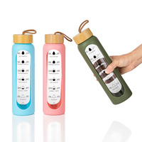 Gobelet en verre borosilicate transparent réutilisable et écologique avec marqueur de temps, manchon en silicone, couvercle en bambou, compatible lave-vaisselle et micro-ondes, idéal pour les voyages