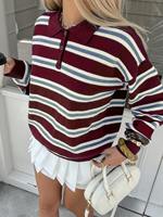 Pull en maille rayé à col polo pour femme, manches longues, patte de boutonnage, décontracté, personnalisable OEM ODM, vente en gros, fabricant d'usine