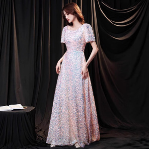 Women's Sequined Evening Gown O-Neck Natural Waist Candy Color Long Dress For Coming Of Age Ceremony - Product Image 1