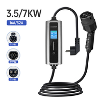 Chargeur de véhicule électrique portable étanche 16A/32A 3,5kW/7kW Type 1 Prise US 220V Chargeur de véhicule électrique domestique avec écran LCD Certifié CE