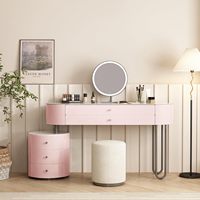 Coiffeuse moderne rose avec pieds en U, miroir LED et armoire latérale ronde à 3 tiroirs, ensemble de coiffeuse pour chambre à coucher, vente en gros