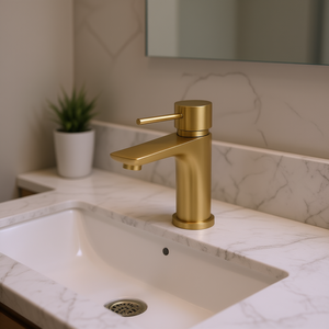 Rubinetto Moderno Monocomando per Lavabo, Finitura Oro Spazzolato, Valvola in Ceramica, Design Minimalista in Ottone, Altezza 22.8 Pollici - Product Image 2