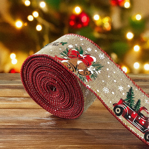 Pita Gaya Burlap Bertema Natal Panjang 5 Yard dengan Lonceng Rusa, Sempurna untuk Dekorasi Pohon Natal DIY dan Hiasan Truk Liburan - Product Image 1