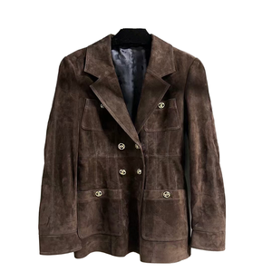 Luxury Natural <b>Women's</b> Suede Sheep <b>Leather</b> Blazer <b>Jacket</b> <b>Brown</b> Winter Summer Breathable Stand Collar Button Front - Product Image 1