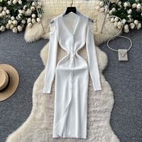 Robe midi décontractée élégante pour femmes, col en V, dentelle, patchwork, manches longues, boutons sur le devant, tricotée, moulante, pour tous les jours
