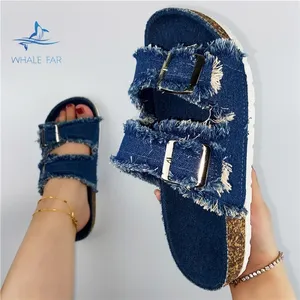 Kadınlar için yeni tasarım terlik moda Jean Denim püskül mantar taban sandalet yazlık sandalet terlik bayanlar ayakkabı terlik slaytlar