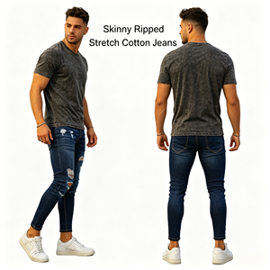 Jeans ajustados rasgados para hombre, pantalones de mezclilla azules, estilo rockero, streetwear, elásticos, casuales, urbanos - Product Image 3