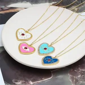 2023 Hot Sale Jewelry Vintage Enamel Turkey Blue Heart Charm Diamond Star Pendant Necklace For Women