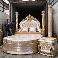 Lit King Size Style Palais Européen avec Cadre et Baldaquin Rond Doré, Ensembles de Meubles de Chambre Principale, Mobilier de Maison