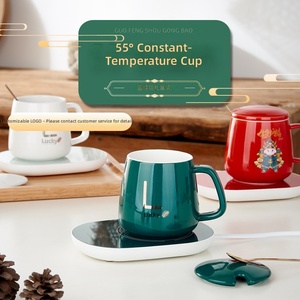 Wisteria Custom Logo Embossed Ceramic Mug <strong>Gift</strong> Set Constant Temperature Heating Coaster Lid Spoon-Luxury Green Box for <strong>Gifts</strong> - Product Image 3