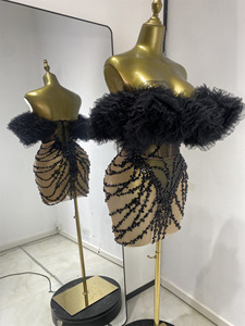Abito da palcoscenico sensuale per gruppi femminili, nero, con top all'americana, gonna a sbuffo, in rete con strass, trasparente e traspirante, al ginocchio, per discoteca - Product Image 2