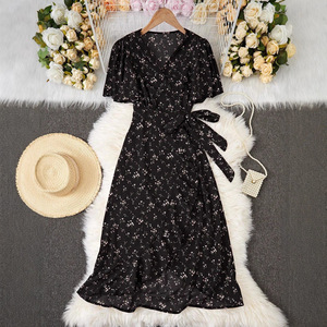 <span class=keywords><strong>Robe</strong></span> maxi à manches courtes de style européen et américain, col en V, élégante, intellectuelle, <span class=keywords><strong>robe</strong></span> décontractée pour femmes. - Product Image 6