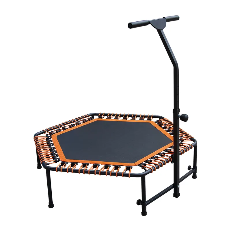 Fabricante de trampolim para adultos, mini trampolim hexagonal para exercícios, trampolim silencioso e estável com alça