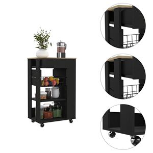 Chariot de cuisine noir en wengue à 5 étagères et 1 tiroir avec plateau en chêne clair, design moderne pour le rangement de la cuisine - Product Image 3