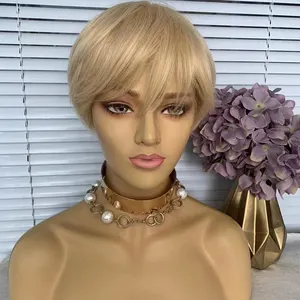 Stock ON SALE cheap price machine made medium cap lady human wig blonde straight BOB pixie cut human hair wigs