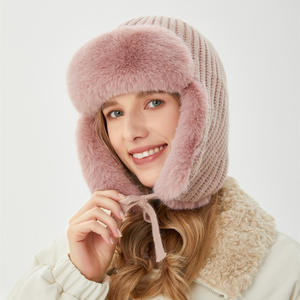 Venta caliente mujeres invierno tejido Beanie sombrero señoras piel pompones orejas cálido Slouchy nieve esquí gorra polar térmico trampero sombrero - Product Image 5