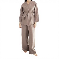 Ensemble Kimono et Pantalon Large en Lin Rose Poudré Écologique Respirant de Haute Qualité pour Femme, Manches Longues, Style Cache-Cœur, Tenue Décontractée avec Ceinture à la Taille