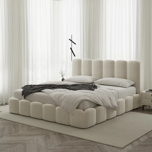 Lit double Zayshine de style rétro français, crème, luxe, blanc, sherpa, grande taille, pour chambre principale, 1,5 à 1,8 mètres, appartement, villa, hôtel - Product Image 2