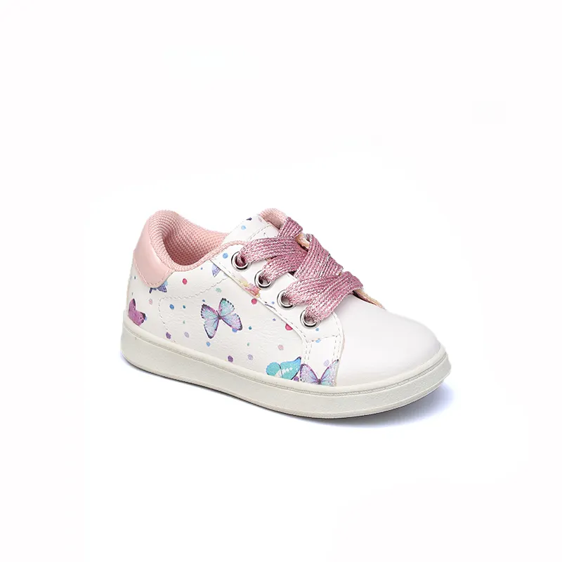 2021 Hot Sales Printed Butterfly Pattern White Sneakers Mixed Color Laces Girls Casual Kids Children Shoes