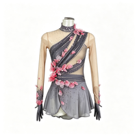Robe de patinage artistique gris foncé en maille à manches longues avec fleurs 3D et strass pour enfants et adultes, idéale pour les compétitions et spectacles de patinage sur glace