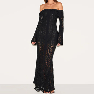 Vestido Maxi Negro de Encaje con Hombros Descubiertos, Estilo Gótico Sexy, Ropa Personalizada de Fábrica Wisrise para <span class=keywords><strong>Mujer</strong></span> - Product Image 1