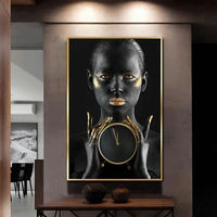 Jam Dinding Kustom Wanita Afrika Hitam Abstrak Poster Cetak Dekorasi Rumah Gambar Dinding