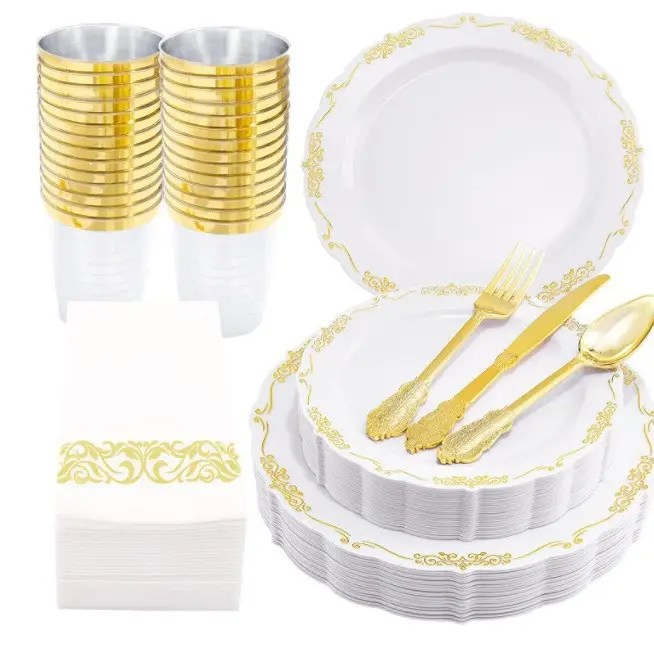 थोक 175pcs सेट प्लास्टिक के कप दौर डिनर सलाद प्लेटें व्यंजन सोने बर्तन सेट शामिल हैं ऊतक चाकू कांटा चम्मच थाली