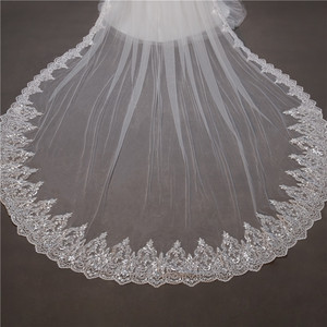 Voile de mariée cathédrale en tulle long et doux, brodé de dentelle, 100% polyester, fait main, nouveau design RESV10, faible MOQ - Product Image 3