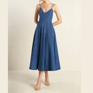 Nuevo Vestido Midi Vaquero Casual de Verano con Tirantes Finos, Lavado Simple, Elegante, Corte en A, Azul para Mujer - Product Image 1