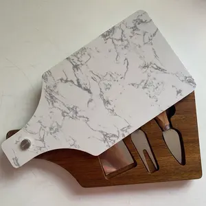 Кухонная прямоугольная бамбуковая доска для колбасных изделий, деревянная разделочная доска для сыра с мраморным покрытием и ножом